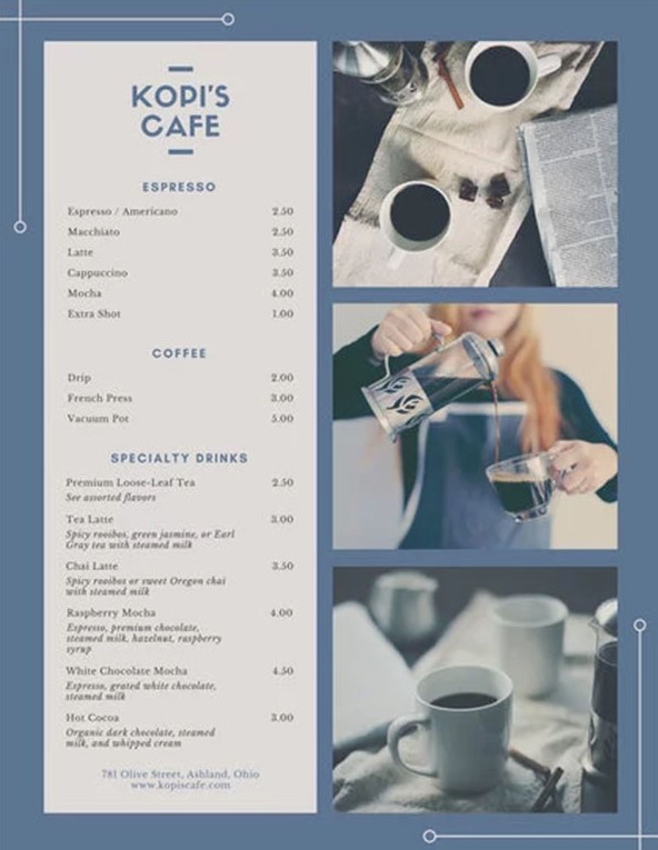 Mẫu thiết kế menu cafe phong cách hiện đại