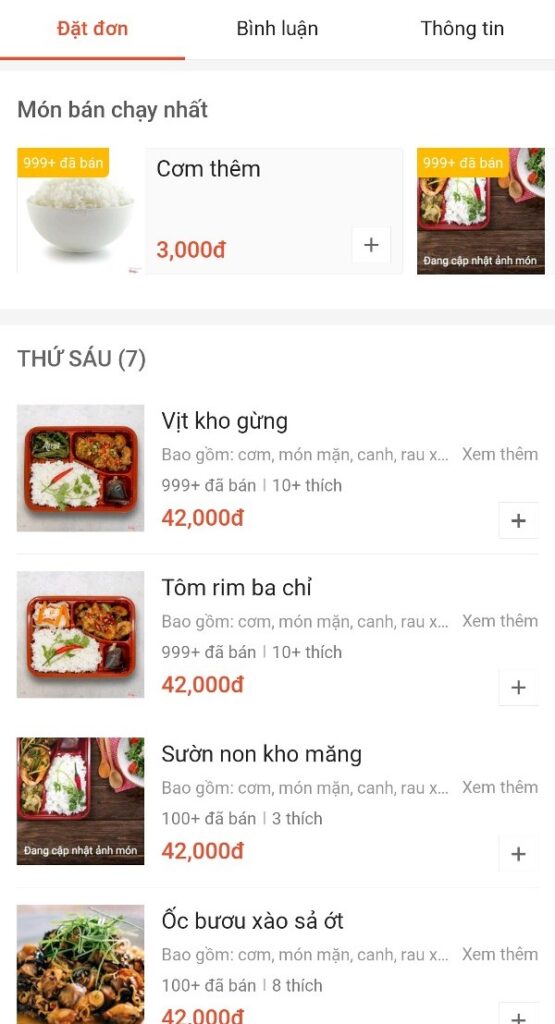 menu của quán trên shopeefood 