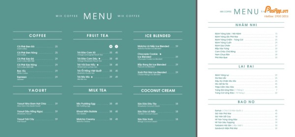 menu của quán mix coffee