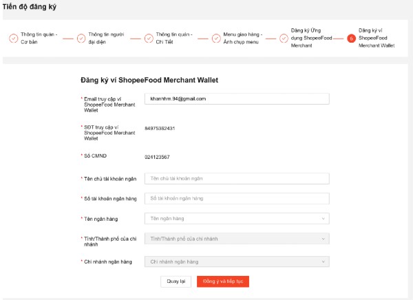 tiến độ 6 khi đăng ký shopeefood
