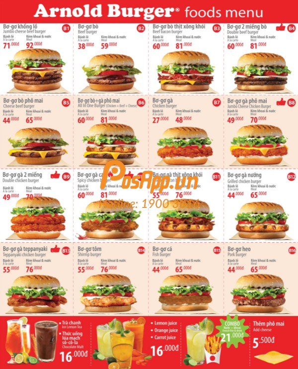 menu Cửa hàng thức ăn nhanh / fastfood Arnold Burger