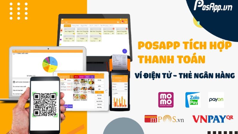 PosApp hỗ trợ tích hợp với nhiều cổng thanh toán điện tử phổ biến như momo, visa, zalopay...