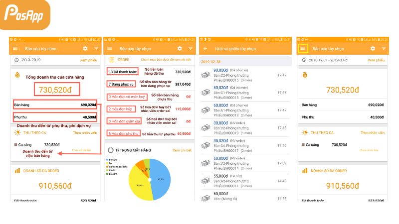 Xem báo cáo doanh thu theo ngày, tuần, tháng trên phần mềm quản lý quán ăn của PosApp