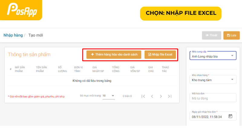 Chọn nhập bằng file excel