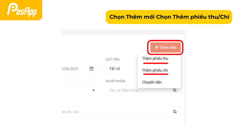Bước 2: Chọn thêm mới > Chọn thêm phiếu thu hoặc phiếu chi