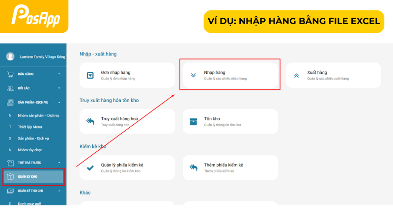 Ví dụ nhập thông tin hàng về bằng file excel
