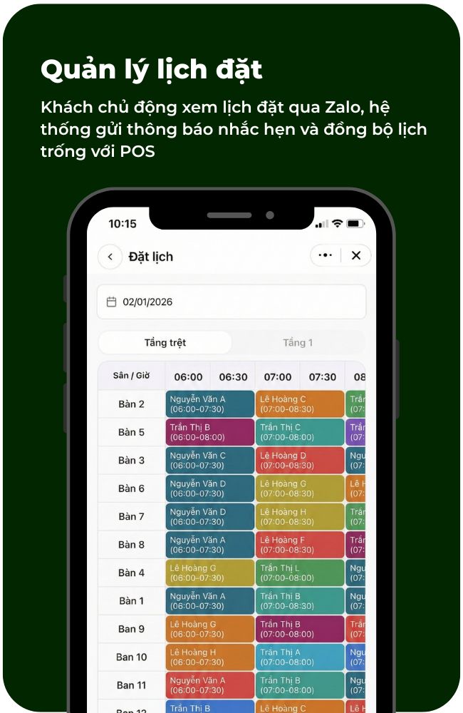 Màn hình đặt lịch dịch vụ trên Zalo Mini App PosApp