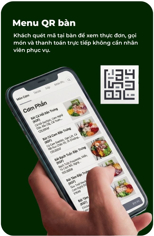 Màn hình QR tại bàn để khách chọn món trên Zalo Mini App PosApp