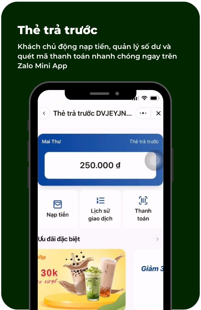 Màn hình thẻ trả trước hiển thị số dư hoặc lượt còn lại trên Zalo Mini App