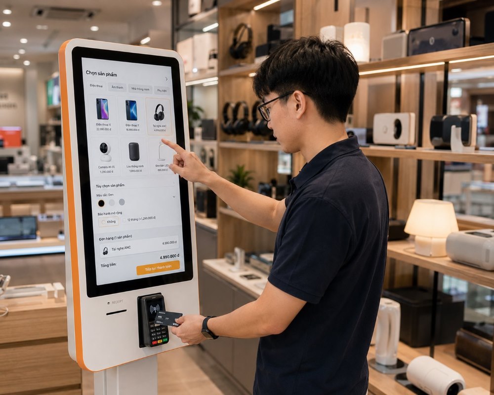Khách chọn sản phẩm và tạo đơn hàng tại kiosk bán lẻ PosApp