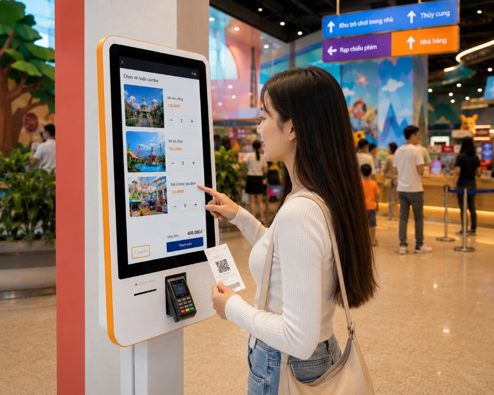 Khách mua vé và nhận mã QR hoặc barcode tại kiosk PosApp