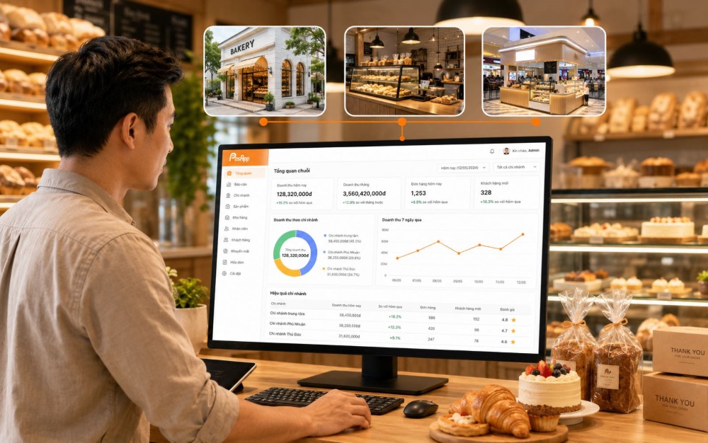 Chủ chuỗi tiệm bánh theo dõi báo cáo vận hành tập trung