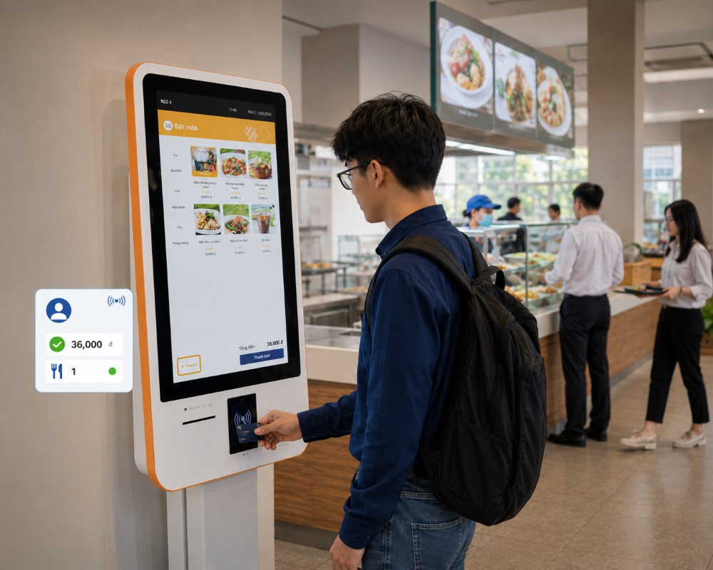 Người dùng chạm thẻ tại kiosk căn tin PosApp trong trường học