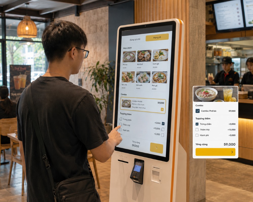 Khách tự chọn món và thanh toán tại kiosk PosApp trong nhà hàng