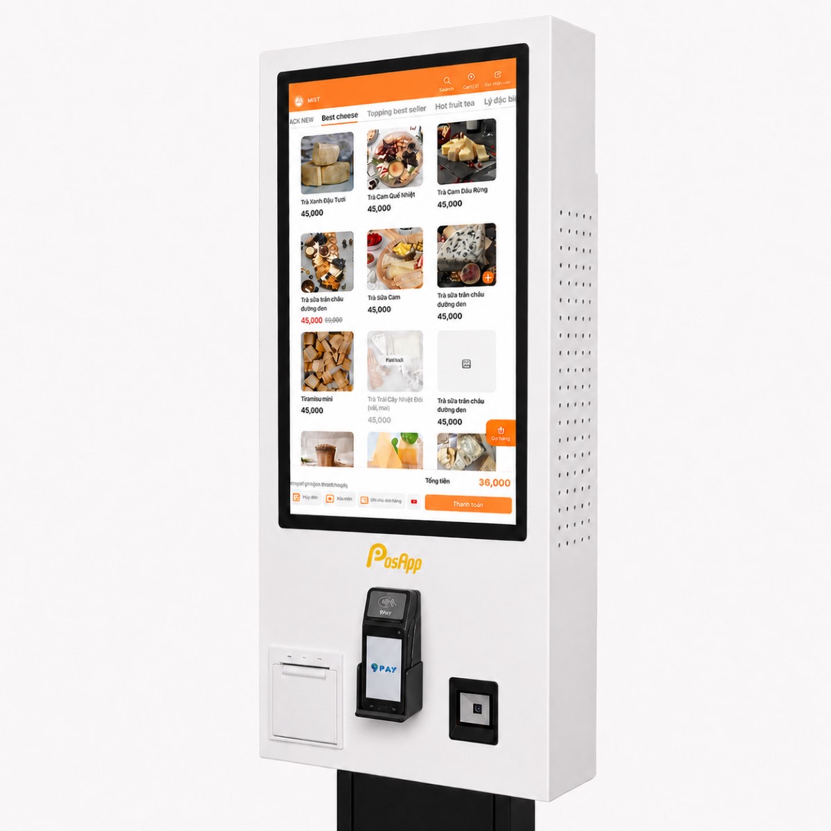Máy kiosk tự order PosApp chân đứng có màn hình cảm ứng và máy in nhiệt tích hợp