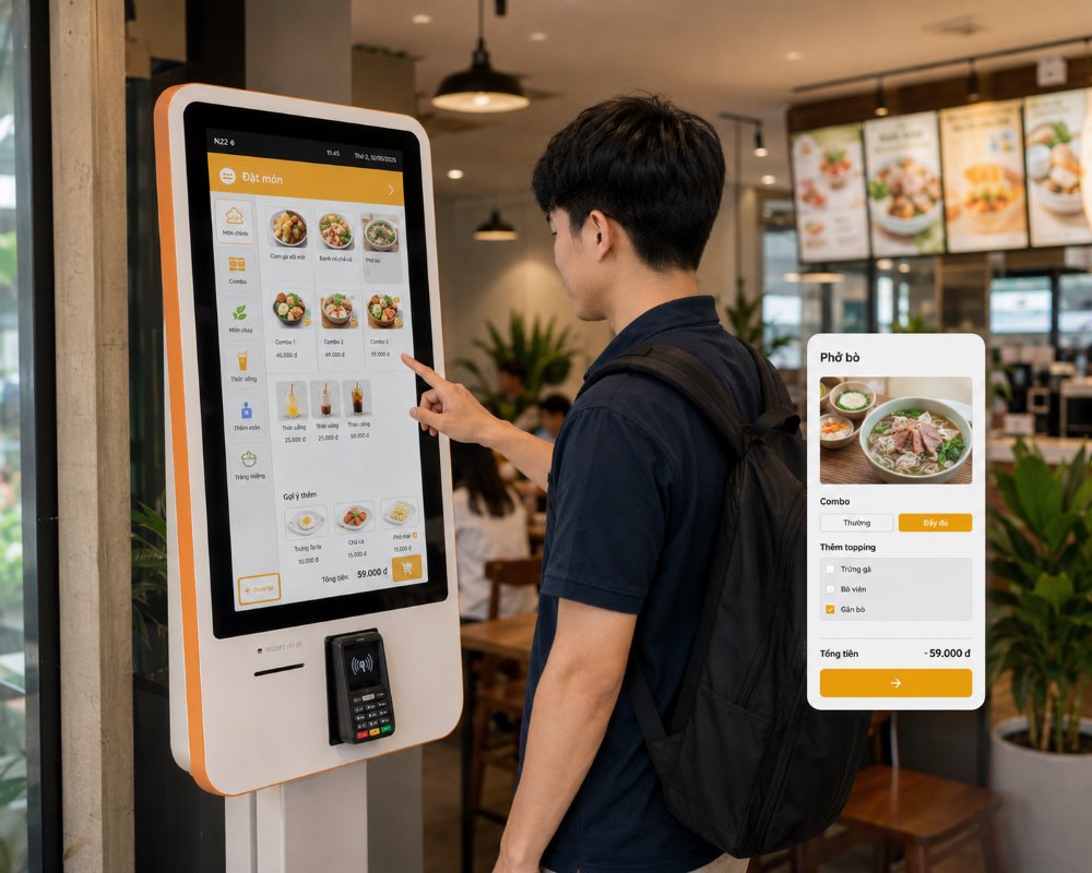 Khách tự chọn món và thanh toán tại kiosk trong nhà hàng