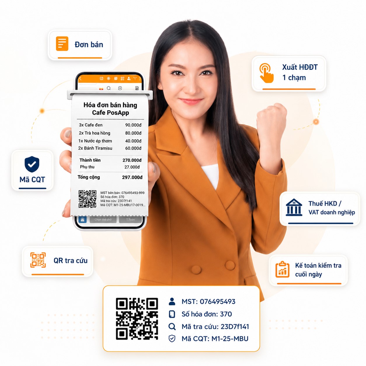 Phần mềm xuất hóa đơn điện tử từ máy tính tiền PosApp trên điện thoại và máy tính
