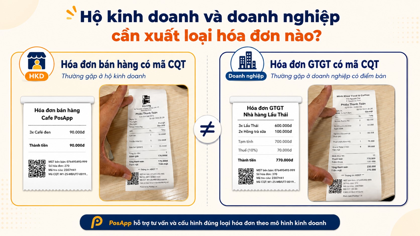 So sánh hóa đơn bán hàng có mã cơ quan thuế cho hộ kinh doanh và hóa đơn GTGT có mã cơ quan thuế cho doanh nghiệp