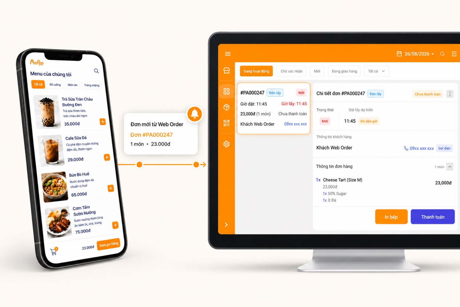 Đơn Web Order từ điện thoại khách được đồng bộ thành đơn mới trên phần mềm PosApp