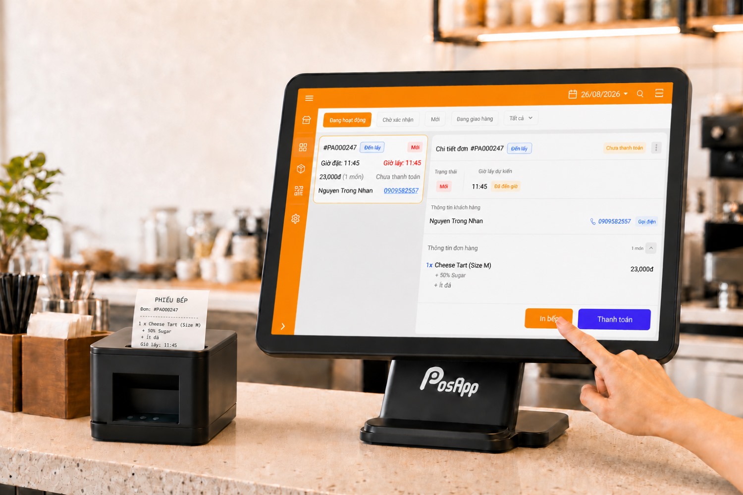 Giao diện PosApp hiển thị đơn mới từ Web Order, chi tiết món và trạng thái thanh toán