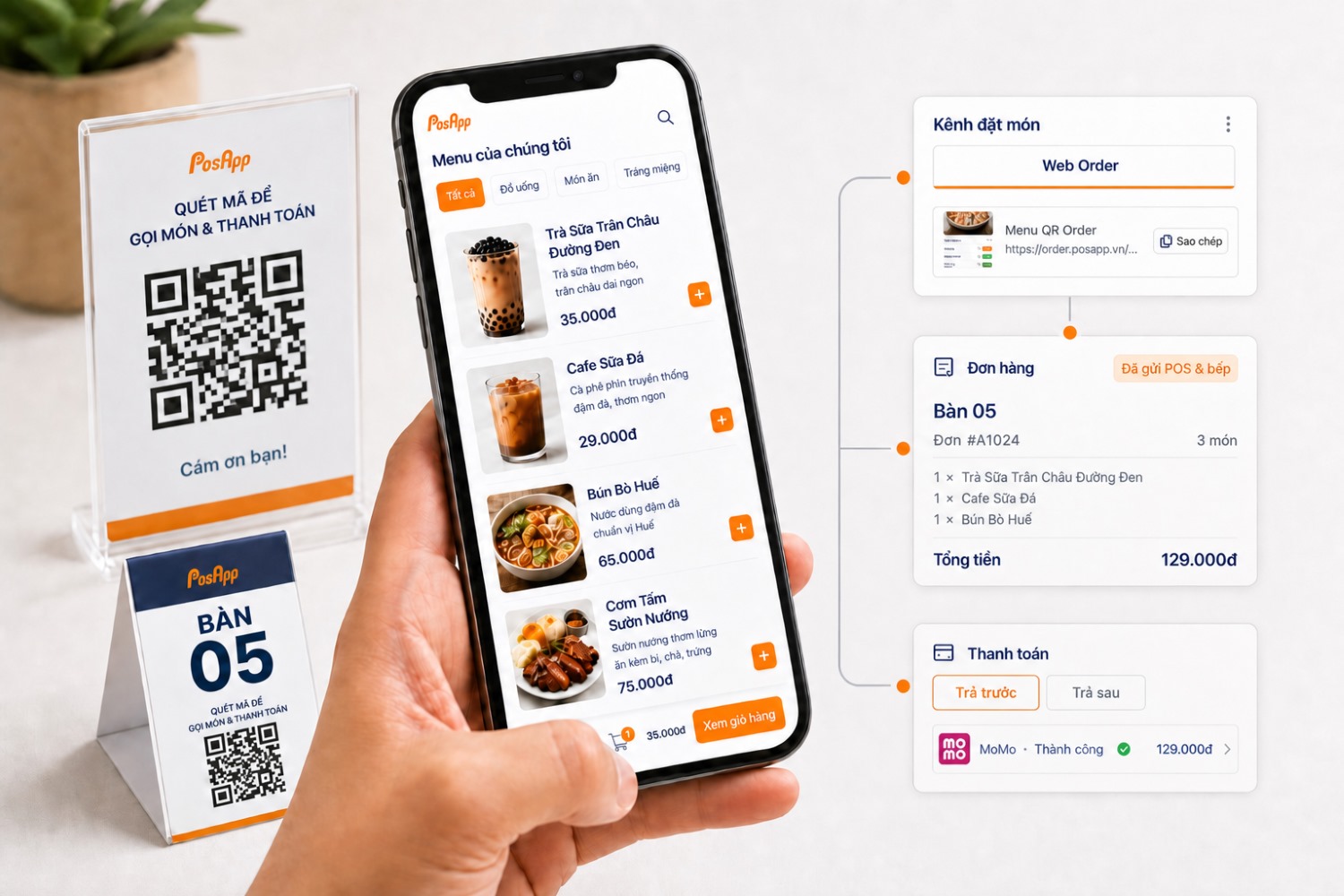 Khách quét mã QR hoặc truy cập đường link để mở Web Order PosApp trên điện thoại