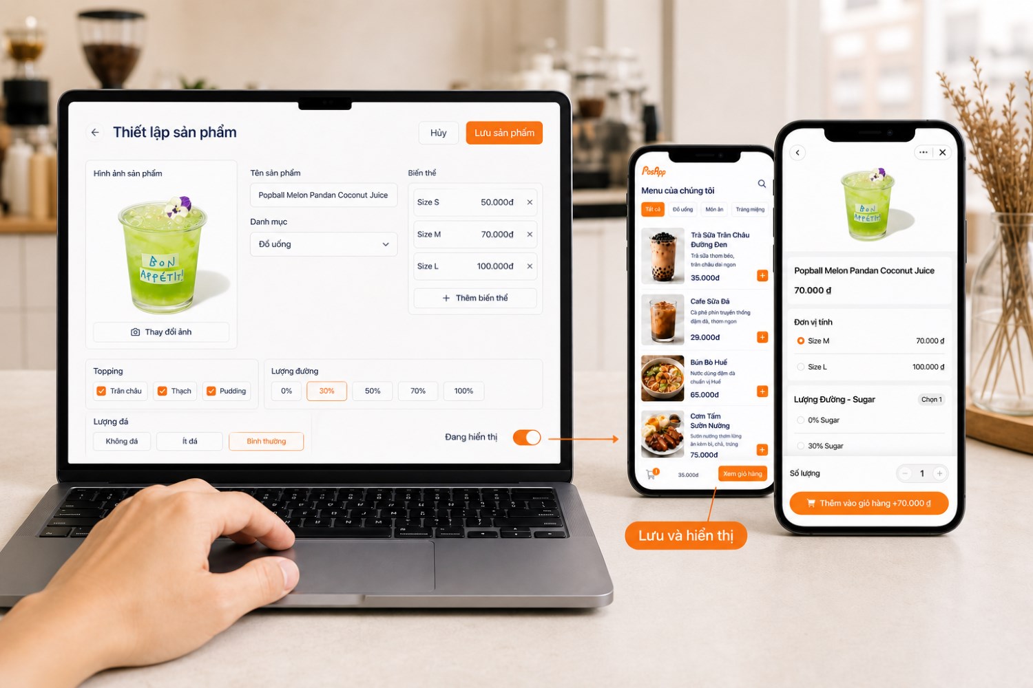 Chủ cửa hàng thiết lập sản phẩm, giá bán, size và tùy chọn món trên Web Order PosApp