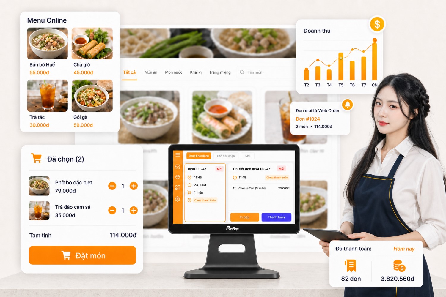 Website bán hàng Web Order hiển thị menu, giỏ hàng và đồng bộ đơn hàng về phần mềm PosApp