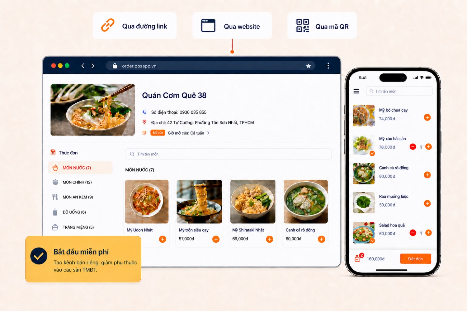 Giao diện Web Order PosApp trên máy tính và điện thoại, khách truy cập bằng đường link, website hoặc mã QR