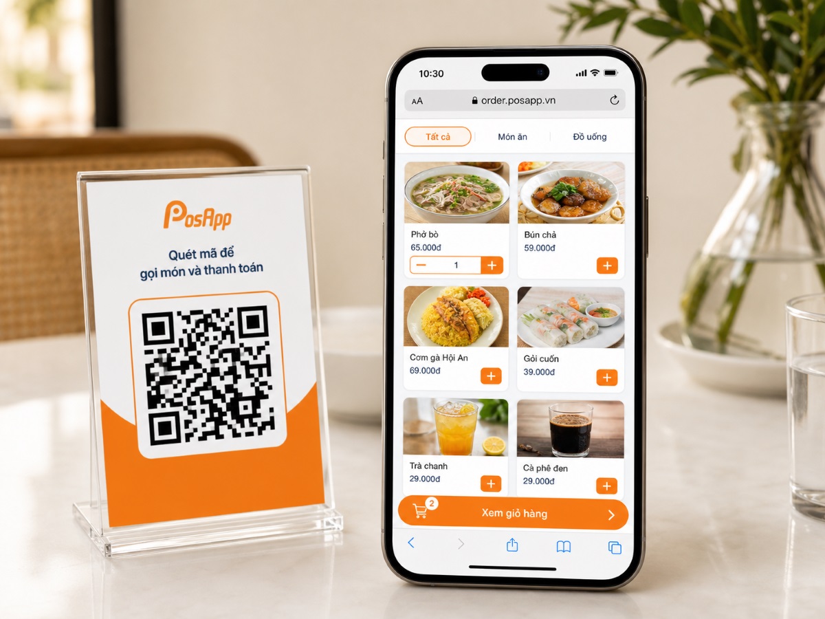 Khách mở Web Order PosApp trên trình duyệt điện thoại sau khi quét mã QR