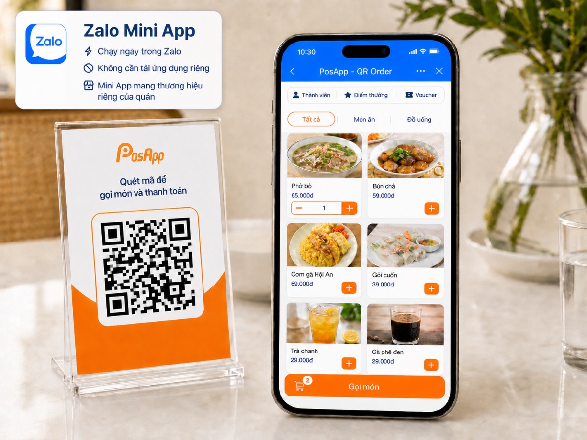 Giao diện Zalo Mini App PosApp với menu, thành viên, điểm thưởng và voucher