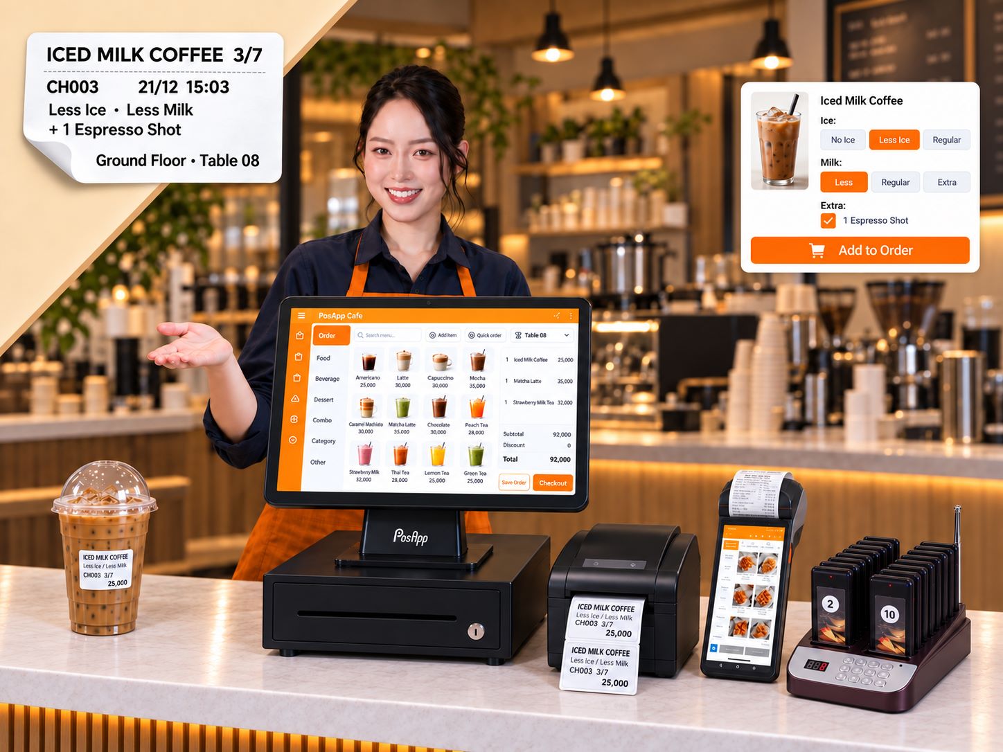 PosApp Cafe and Beverage POS terminal with dual screen showing coffee modifiers, cup label printer, and VietQR payment screen in Vietnam