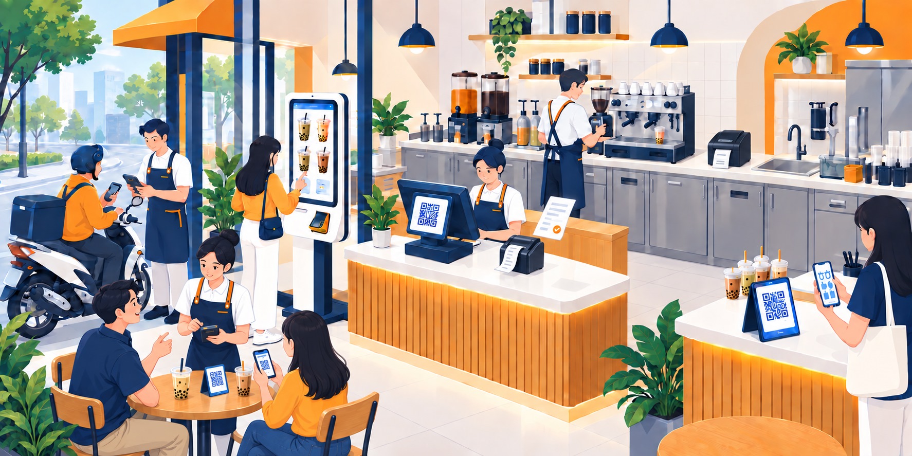 Vietnamese café with curbside motorbike ordering, a self-service kiosk, dual-screen cashier POS, invoice printing, a cup label printer, table service, QR ordering, and a loyalty pickup counter.