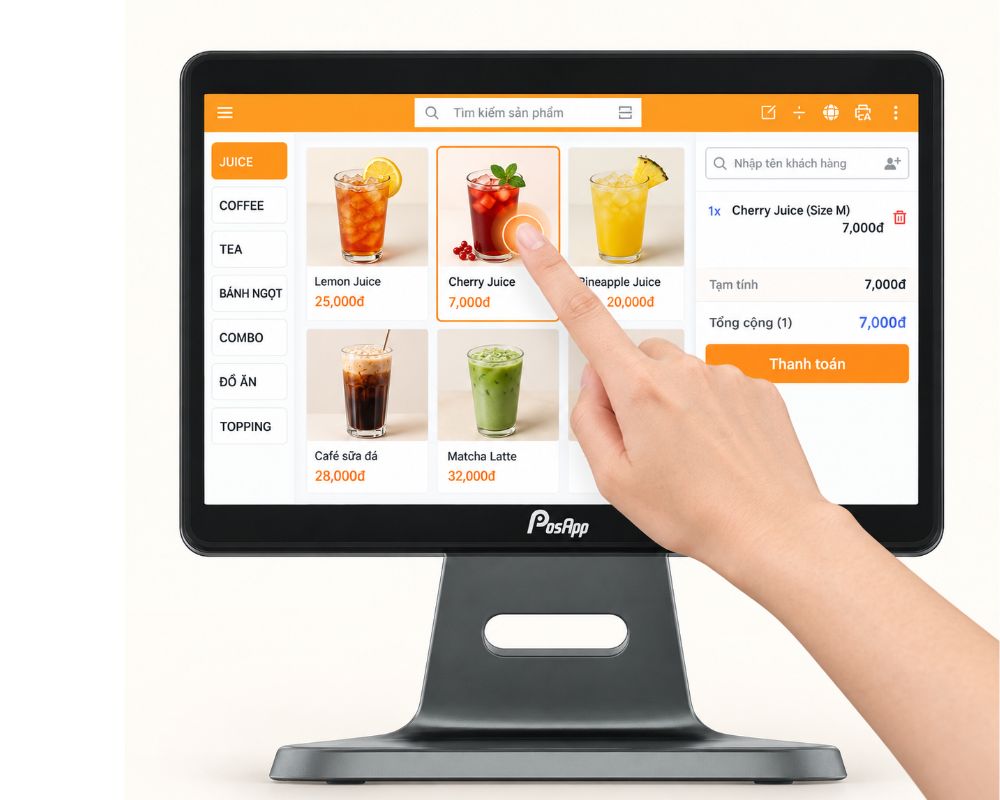 Nhân viên chọn món và tạo đơn trực tiếp trên màn hình PAM3
