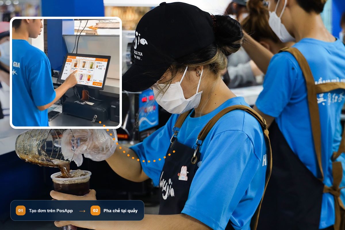 Nhân viên Hồng Trà Ngô Gia tạo đơn trên PosApp và pha chế tại quầy