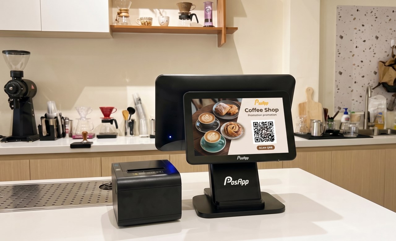 Máy POS PA680 hai màn hình 15.6 inch và 11.6 inch tại quầy thu ngân