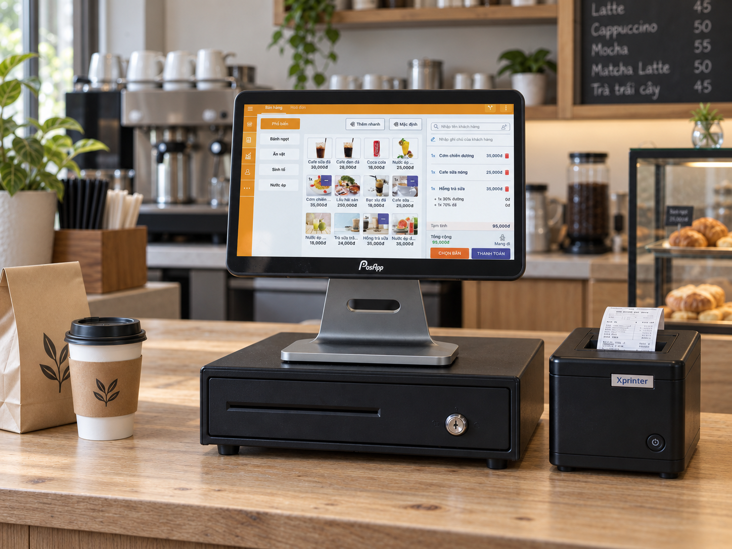 Máy POS PAM3 10.1 inch đặt trên ngăn kéo tiền tại quầy cà phê, bên cạnh máy in hóa đơn
