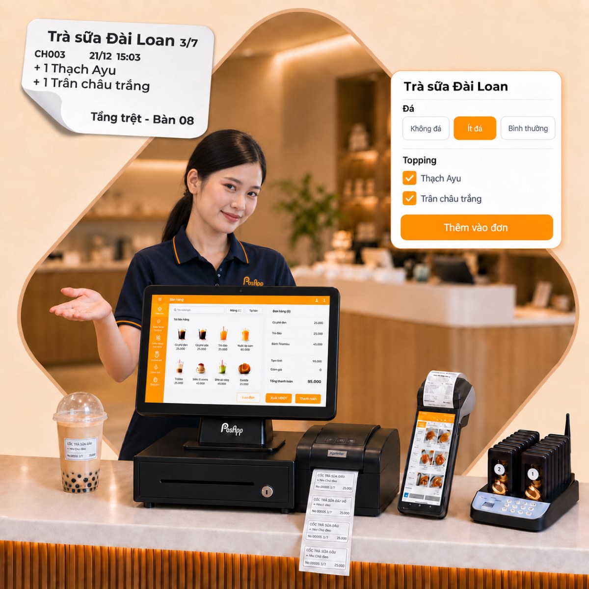 Phần mềm quản lý quán trà sữa PosApp với máy POS, máy in tem, thiết bị cầm tay và giao diện chọn topping