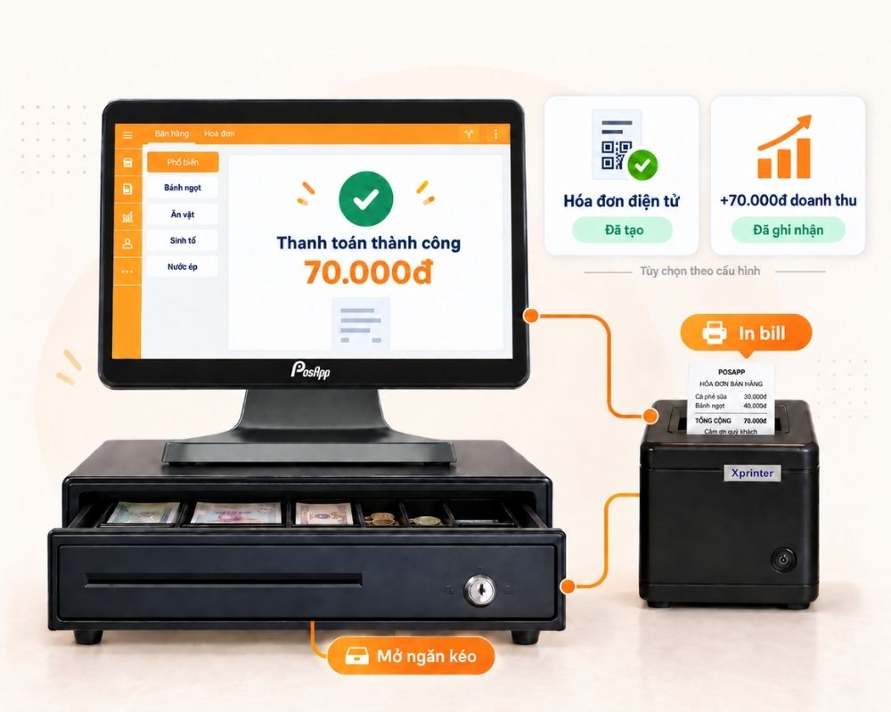 PosApp xác nhận thanh toán và gửi lệnh in hóa đơn tới máy in kết nối