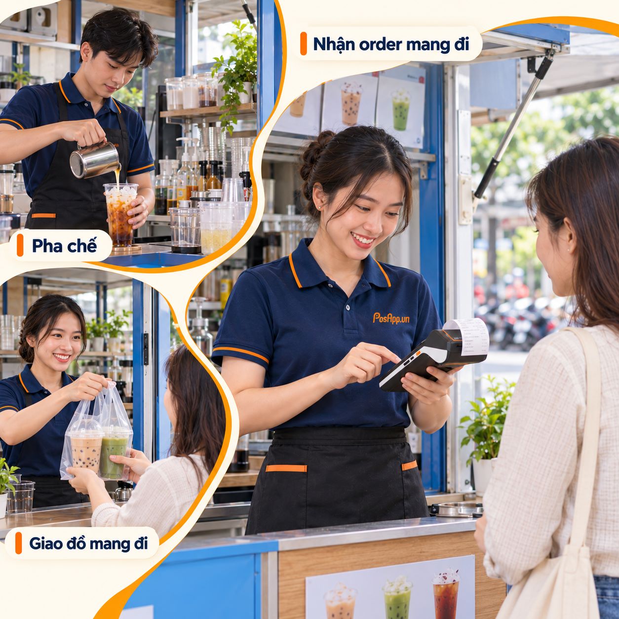 Mô hình quán cafe trà sữa bán mang đi với thiết bị order cầm tay PosApp
