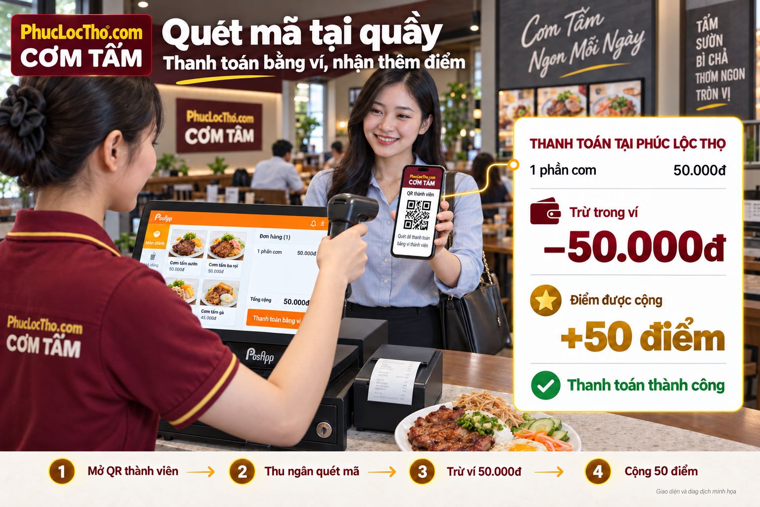 Minh họa luồng gọi món tại quầy và dùng bữa tại quán Cơm tấm Phúc Lộc Thọ