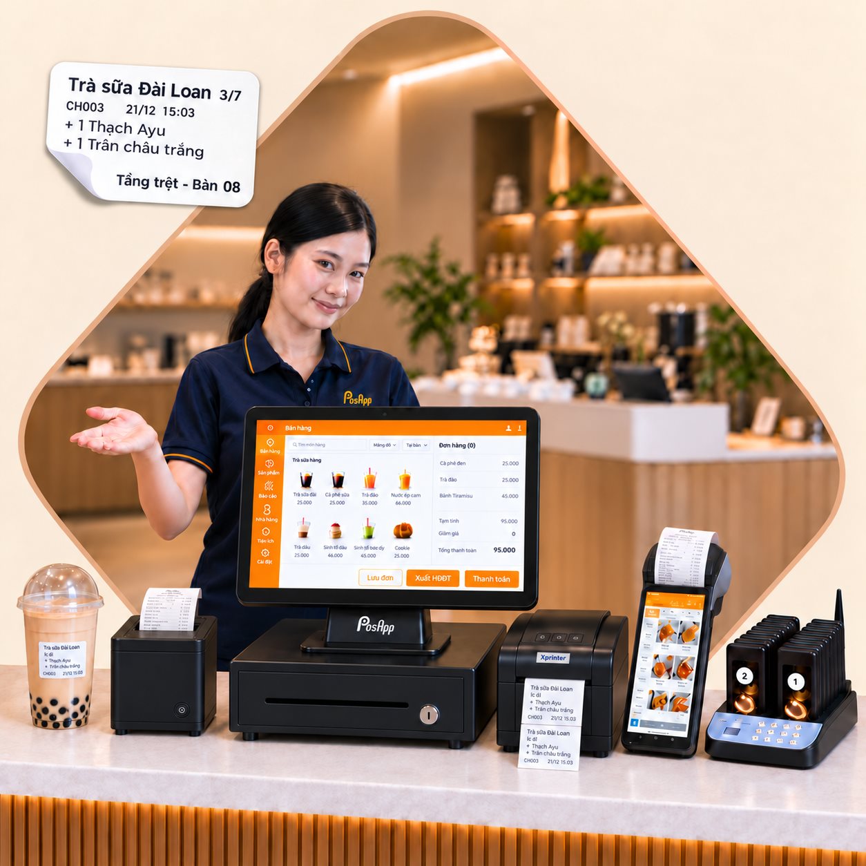 Bộ máy POS order tính tiền PosApp cho quán cafe, nhà hàng và trà sữa