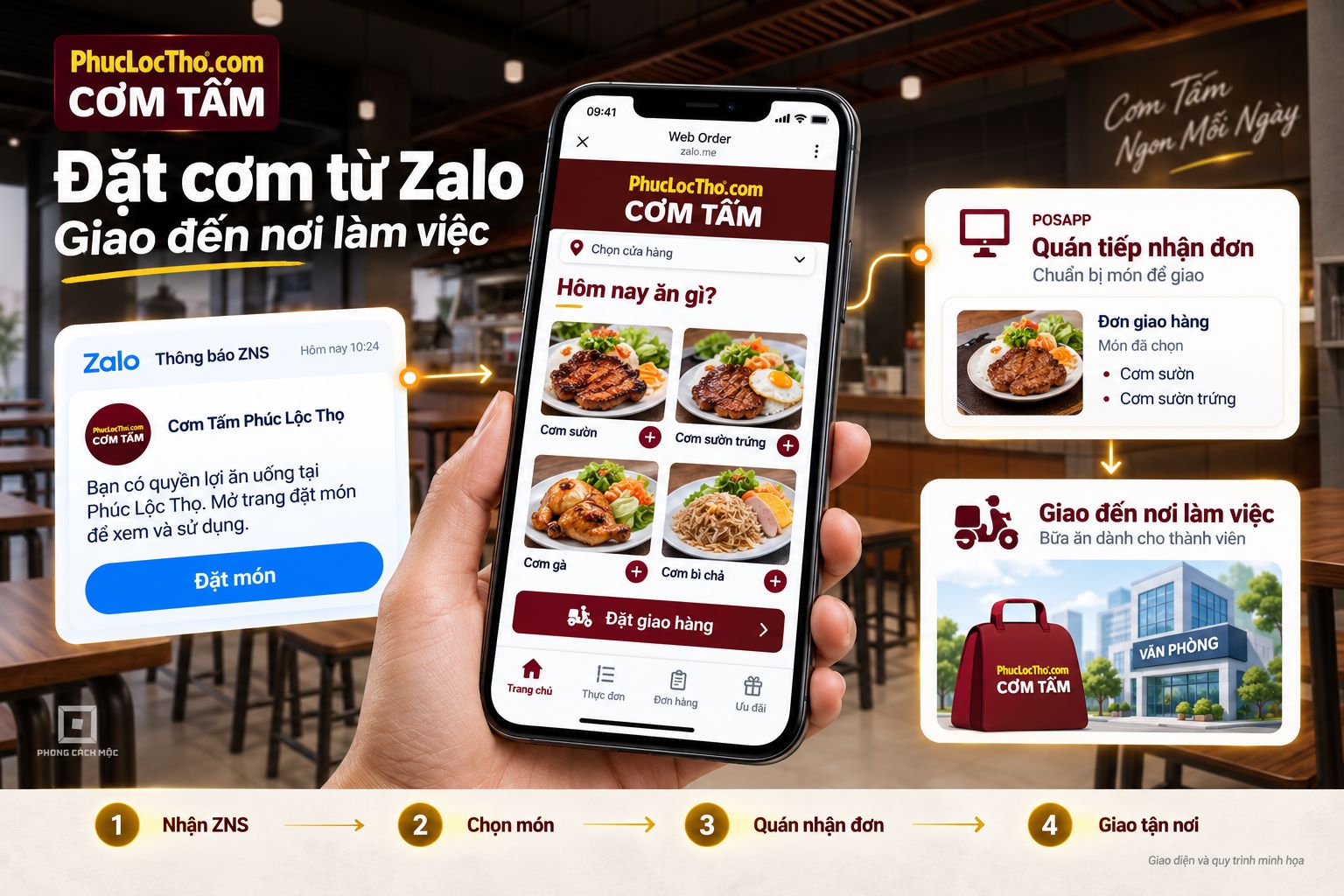 Minh họa luồng khách đặt món từ xa tại Cơm tấm Phúc Lộc Thọ