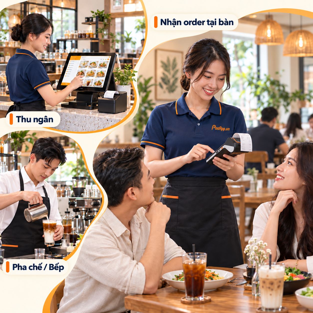 Mô hình phục vụ tại bàn kết nối nhân viên order, bếp, quầy nước và thu ngân PosApp