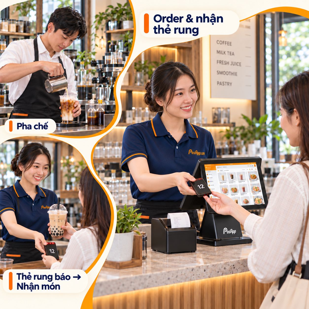 Mô hình order tại quầy kết hợp thu ngân, quầy pha chế và nhận món PosApp