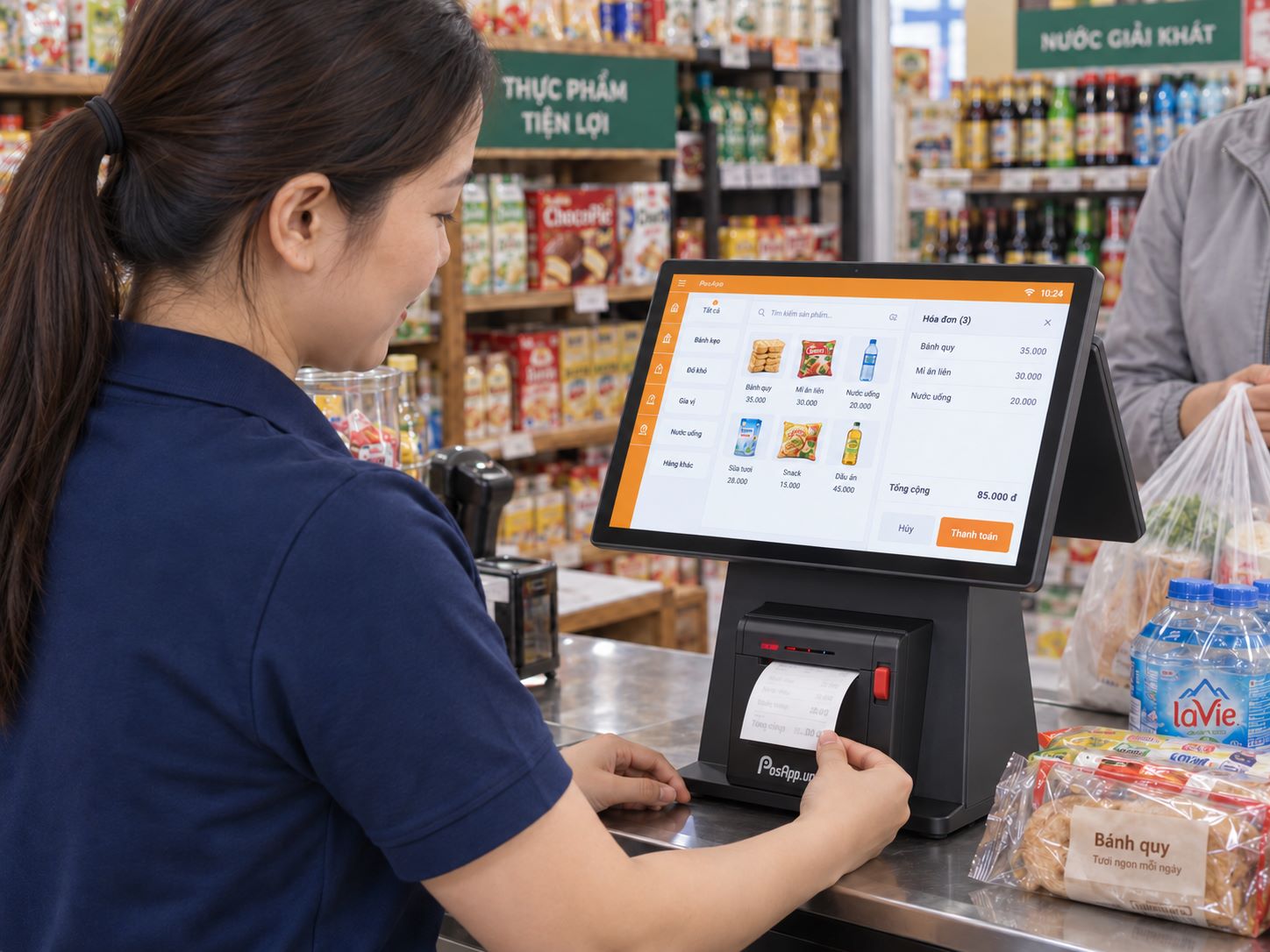 Nhân viên lấy bill từ máy in tích hợp trên PAD2A