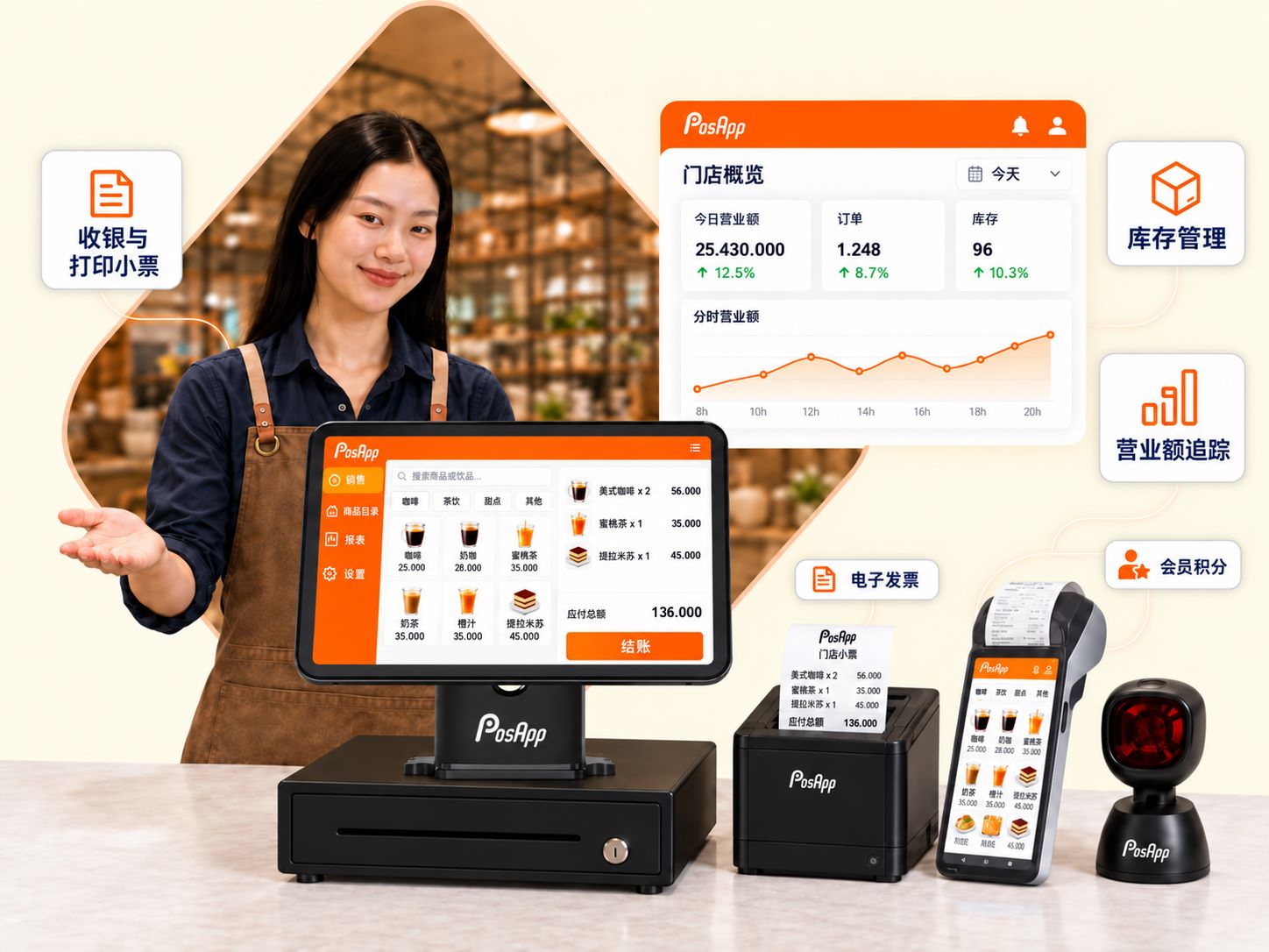 PosApp 越南智能点餐收银系统与双屏收银机POS机，支持合规开具电子发票与VietQR扫码支付